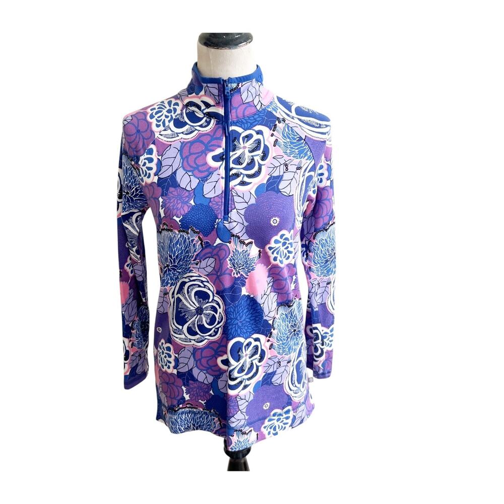 T By Talbots Sweater Womens XS Purple 1/4 Zip Sweater Floral Active Pullover